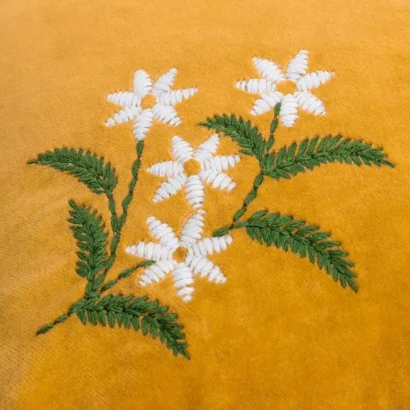 Square Cushion with Floral Embroidery - Gold, Cotton