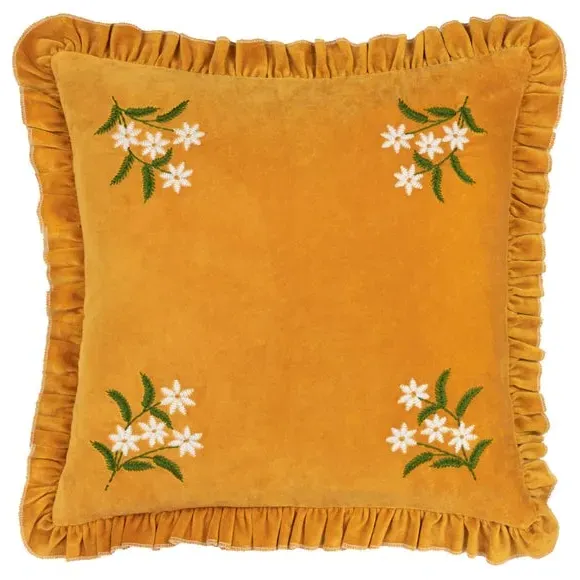 Square Cushion with Floral Embroidery - Gold, Cotton image