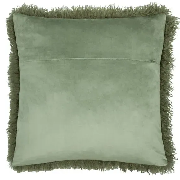Square Cushion with Frilled Detail - Khaki, Faux Fur