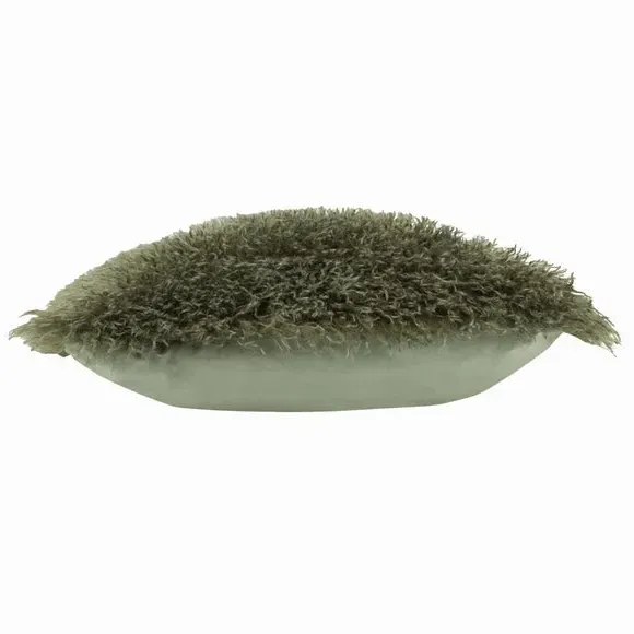 Square Cushion with Frilled Detail - Khaki, Faux Fur