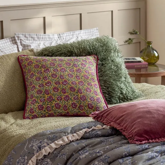 Square Cushion with Frilled Detail - Khaki, Faux Fur
