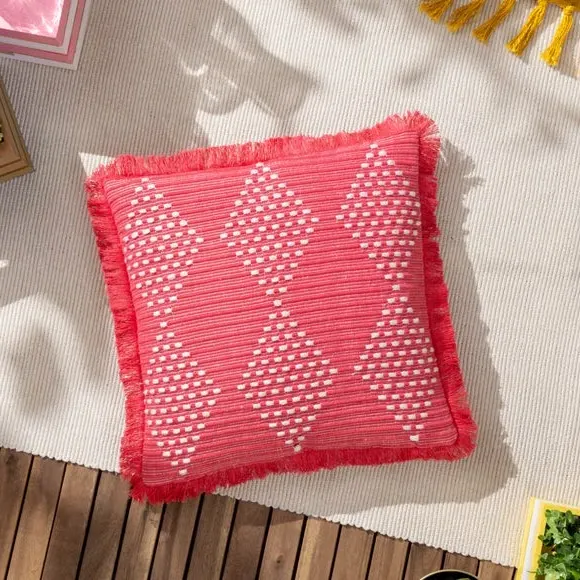 Square Cushion with Fringe Trim - Pink, PET
