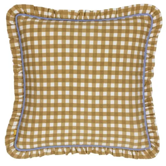 Square Cushion with Gingham Pattern - Gold, Cotton
