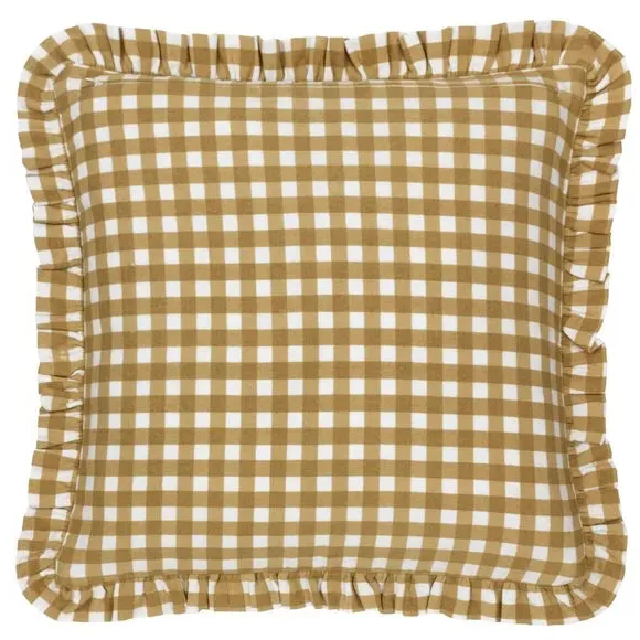 Square Cushion with Gingham Pattern - Gold, Cotton