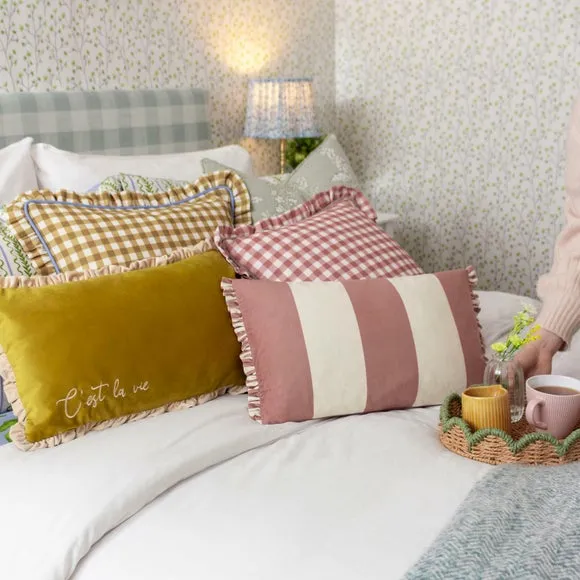 Square Cushion with Gingham Pattern - Gold, Cotton