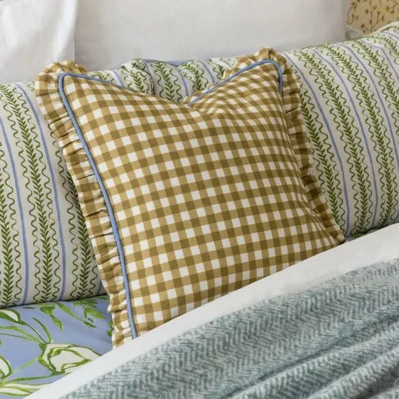 Square Cushion with Gingham Pattern - Gold, Cotton image