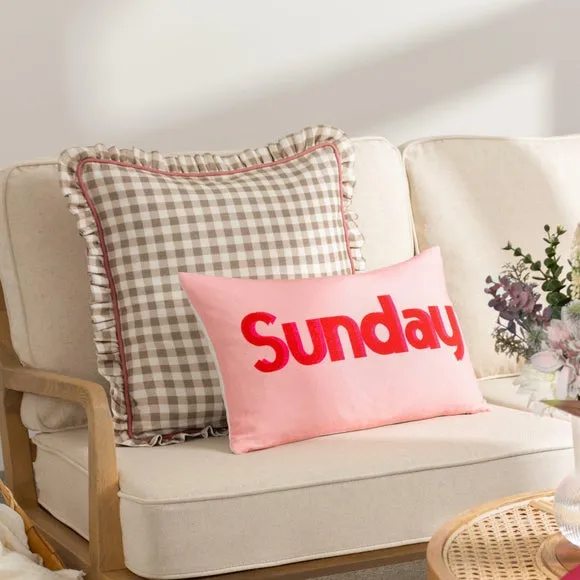 Square Cushion with Gingham Pattern - Natural, Cotton