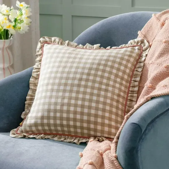 Square Cushion with Gingham Pattern - Natural, Cotton