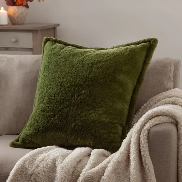 Square Reversible Cushion - Olive, Faux Fur