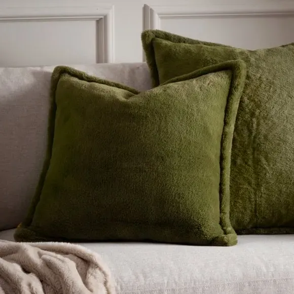 Square Reversible Cushion - Olive, Faux Fur