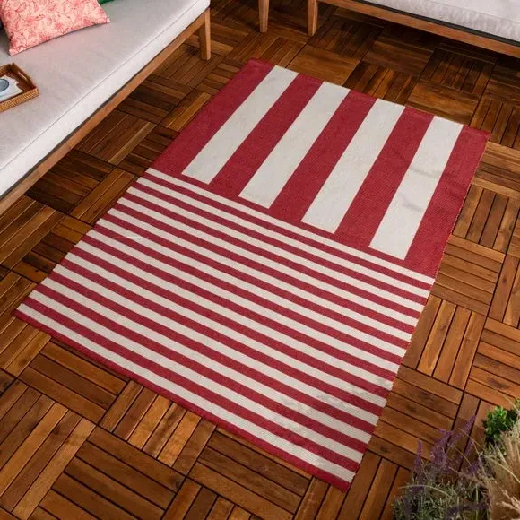 Striped Indoor Outdoor Rug - Red, Polyester