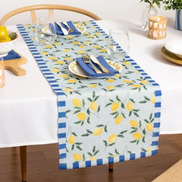 Table Runner with Lemon Design - Blue, Polyester