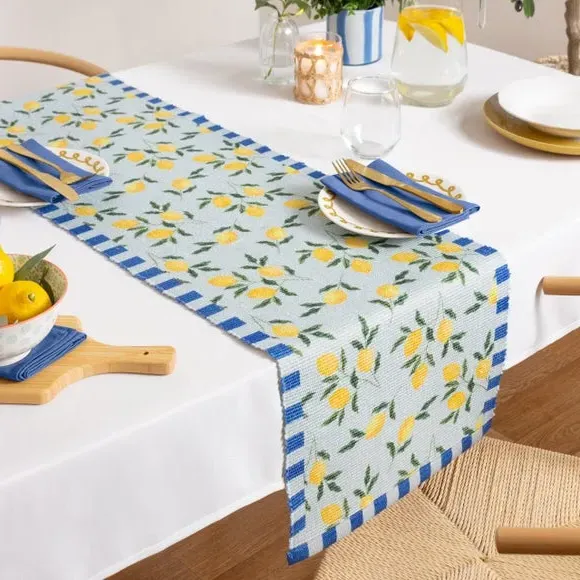 Table Runner with Lemon Design - Blue, Polyester image