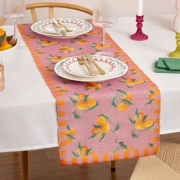 Table Runner with Orange Print - Pink, Polyester