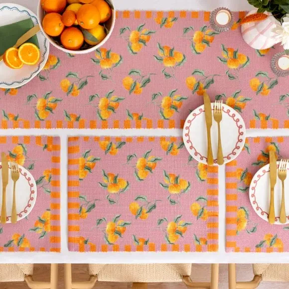 Table Runner with Orange Print - Pink, Polyester