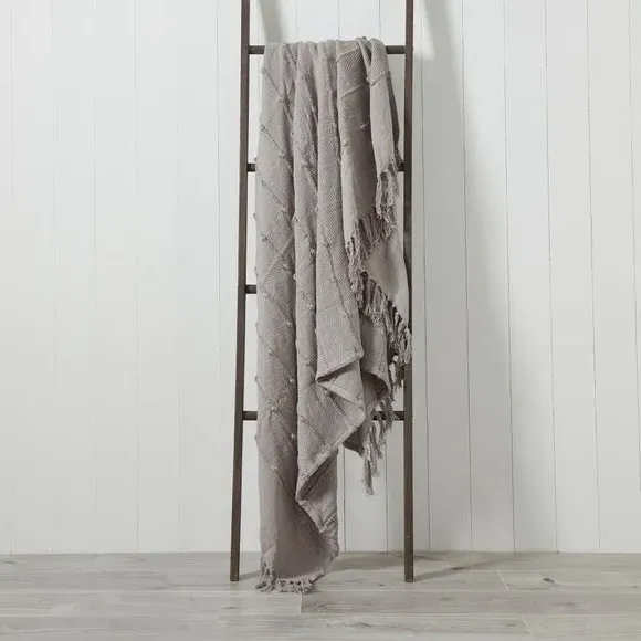 Textured Throw Blanket with Tassels - Grey, Cotton