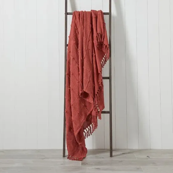 Textured Throw Blanket with Tassels - Red, Cotton