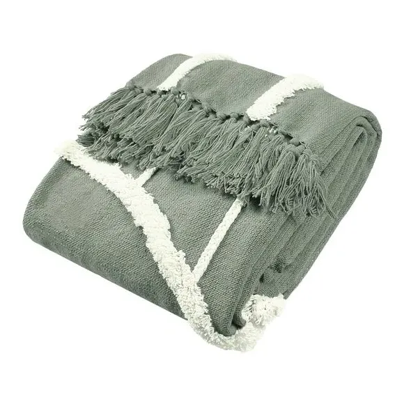 Tufted Throw Blanket with Tassels - Grey, Cotton image