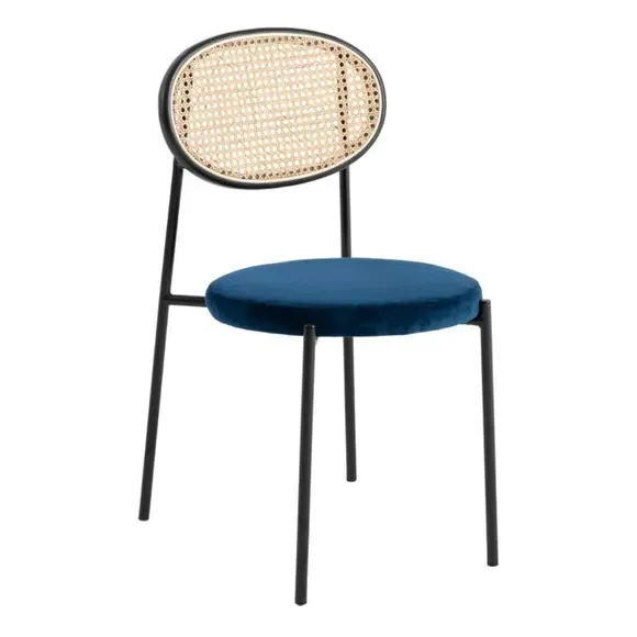 Stackable Dining Chair with Rattan - Navy, Velvet