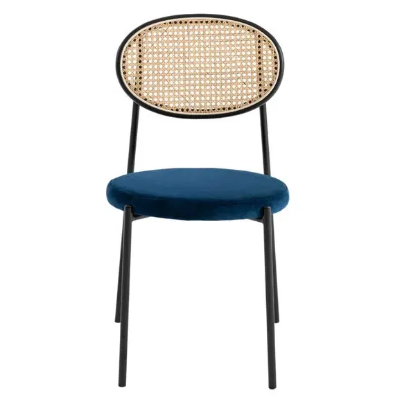 Stackable Dining Chair with Rattan - Navy, Velvet