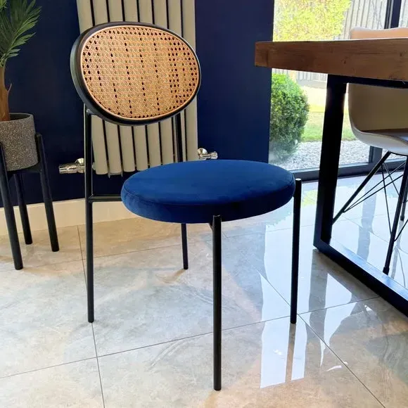 Stackable Dining Chair with Rattan - Navy, Velvet image