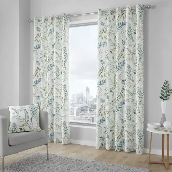 Eyelet Curtains with Botanical Design - Green, Cotton