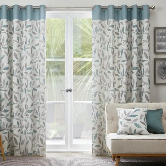 Eyelet Curtains with Leaf Design - Duck Egg, Cotton
