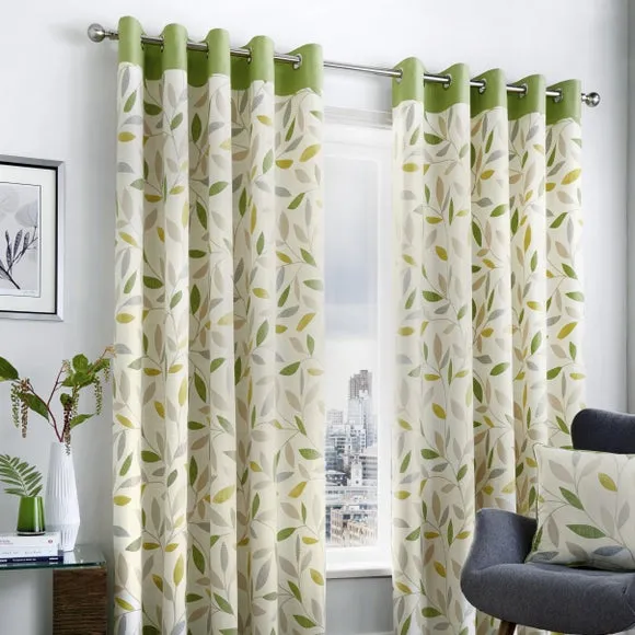 Eyelet Curtains with Leaf Design - Green, Cotton