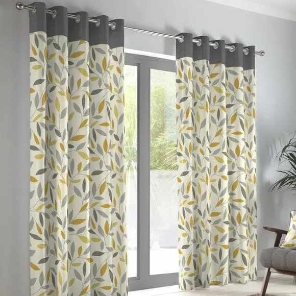 Eyelet Curtains with Leaf Design - Ochre, Cotton