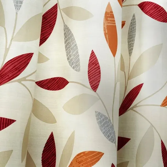 Eyelet Curtains with Leaf Design - Red, Cotton