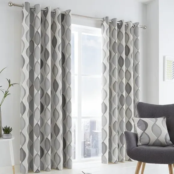 Eyelet Curtains with Ogee Pattern - Grey, Cotton