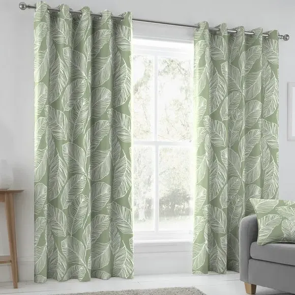 Eyelet Curtains with Palm Print - Green, Cotton