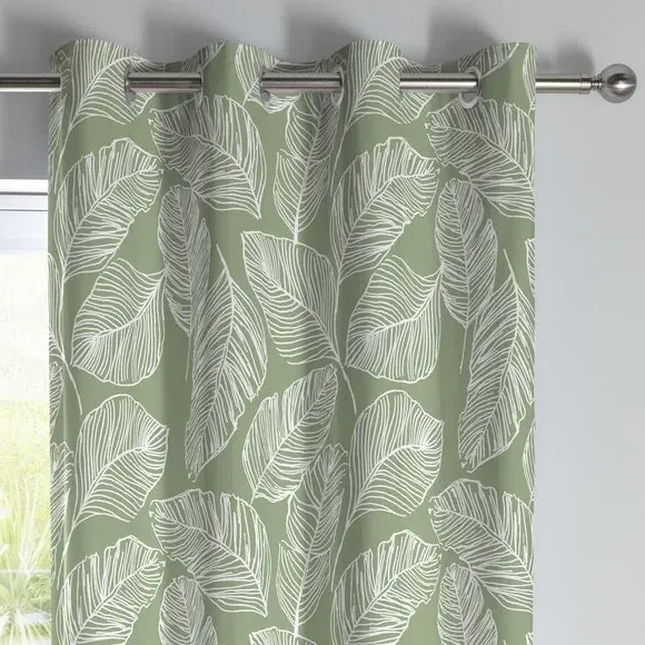 Eyelet Curtains with Palm Print - Green, Cotton image