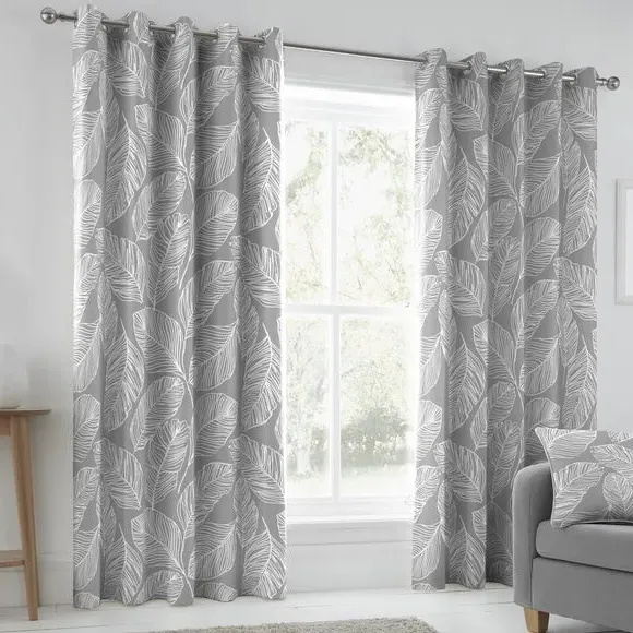 Eyelet Curtains with Palm Print - Grey, Cotton