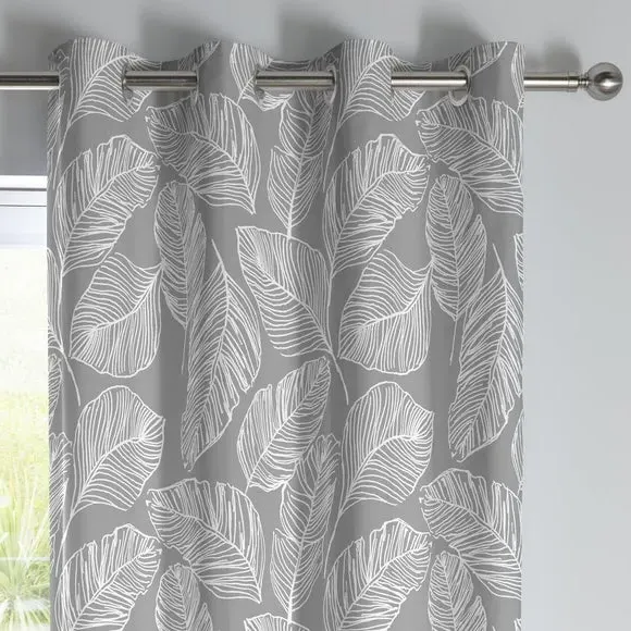 Eyelet Curtains with Palm Print - Grey, Cotton