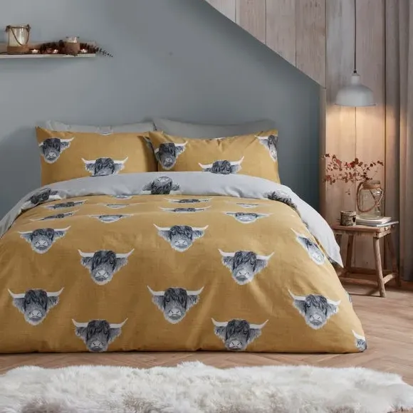 Highland Cow Duvet Cover Set - Ochre, Polycotton