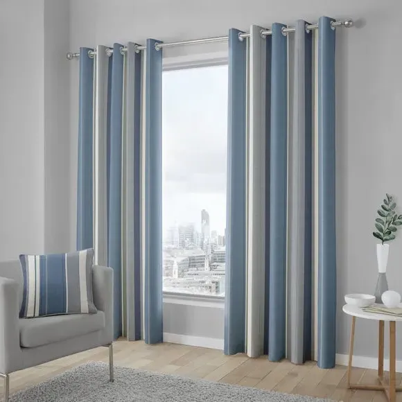 Striped Eyelet Curtains - Blue, Cotton