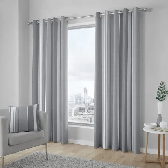 Striped Eyelet Curtains - Grey, Cotton