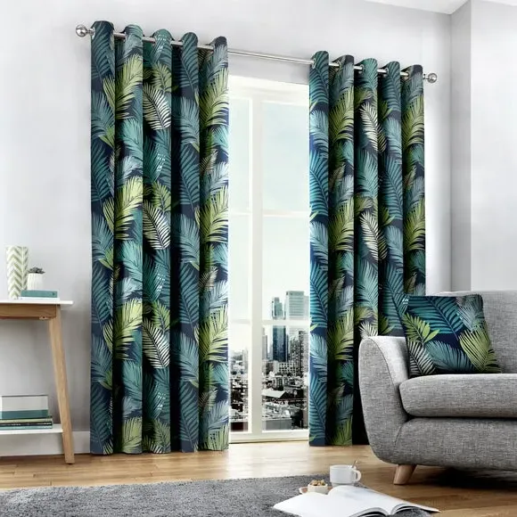 Tropical Eyelet Curtains - Teal, Polyester