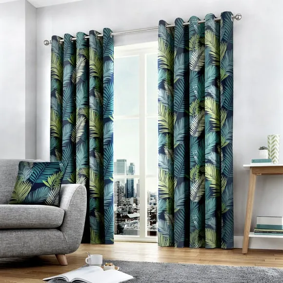 Tropical Eyelet Curtains - Teal, Polyester