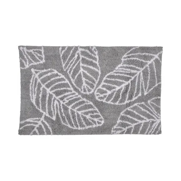 Tufted Bath Mat with Leaf Print - Grey, Cotton