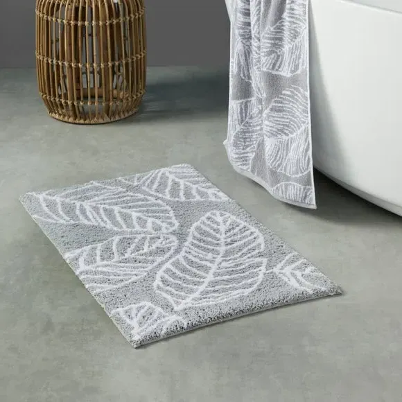 Tufted Bath Mat with Leaf Print - Grey, Cotton image