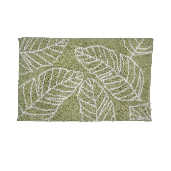Tufted Bath Mat with Leaf Print - Khaki, Cotton