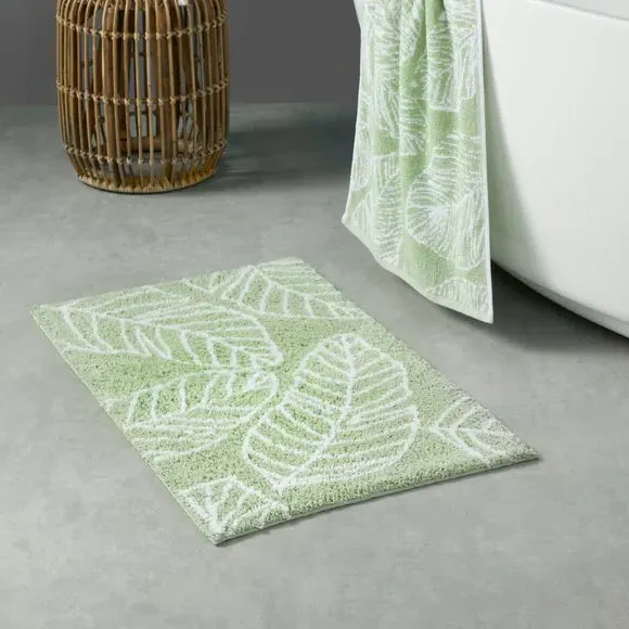 Tufted Bath Mat with Leaf Print - Khaki, Cotton