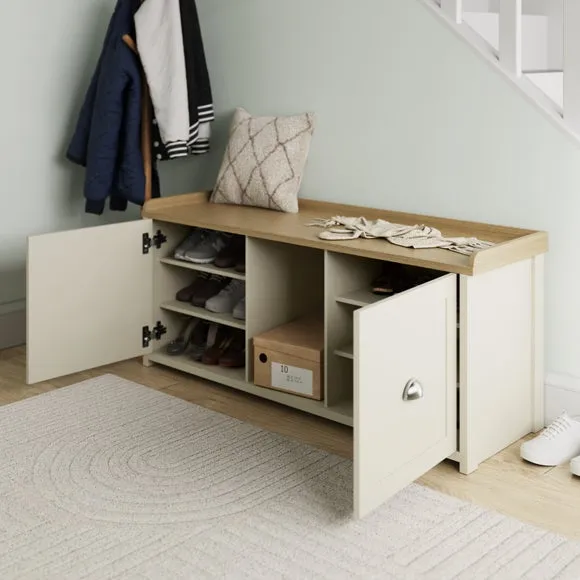 2-Door Storage Bench with Shelving - Cream