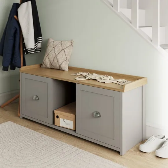 2-Door Storage Bench with Shelving - Grey