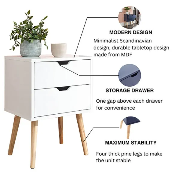 2-Drawer Bedside Table with Cut-Out Handles - White
