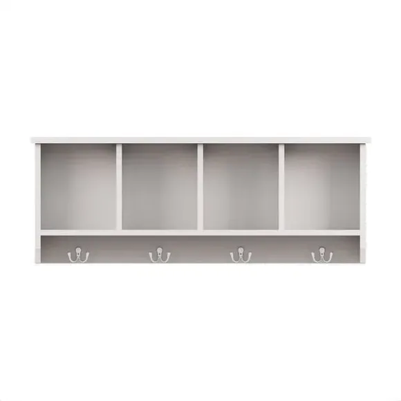 4-Compartment Wall Rack with Hooks - White
