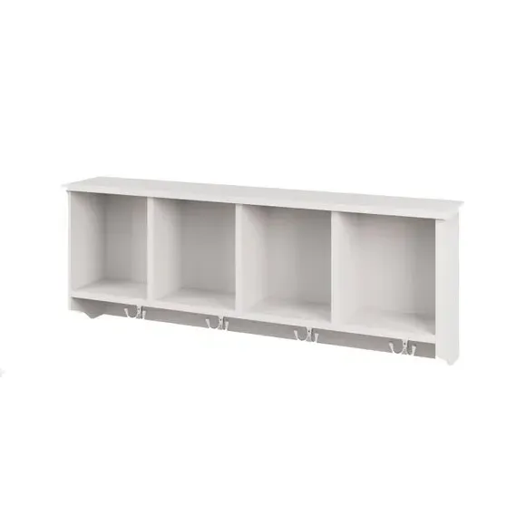 4-Compartment Wall Rack with Hooks - White