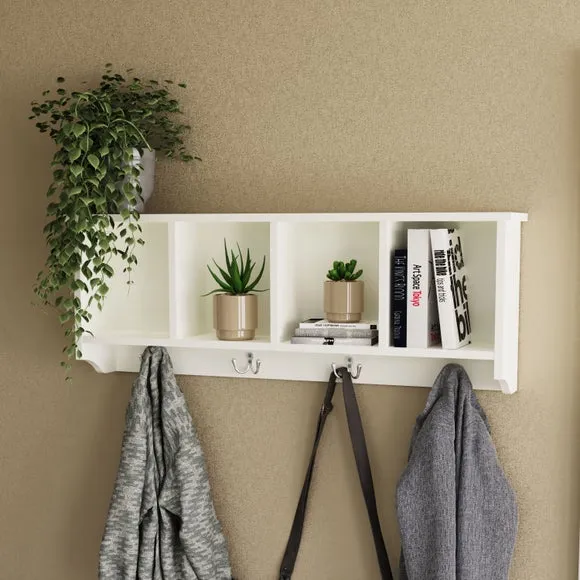 4-Compartment Wall Rack with Hooks - White image